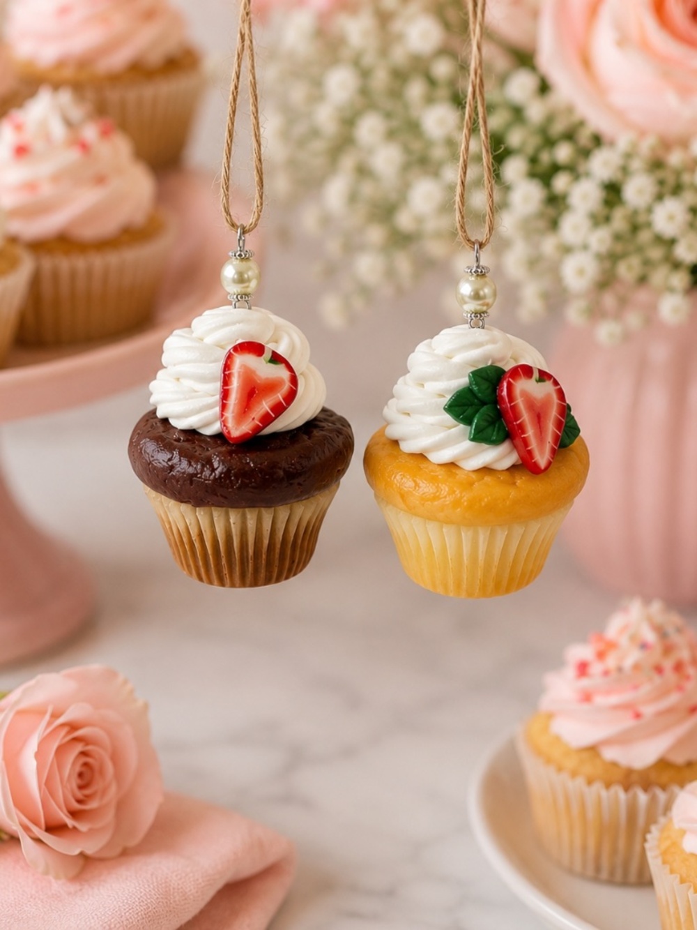 Chocolate & Vanilla Cupcake Ornaments | Handmade Strawberry Cupcake Decor
